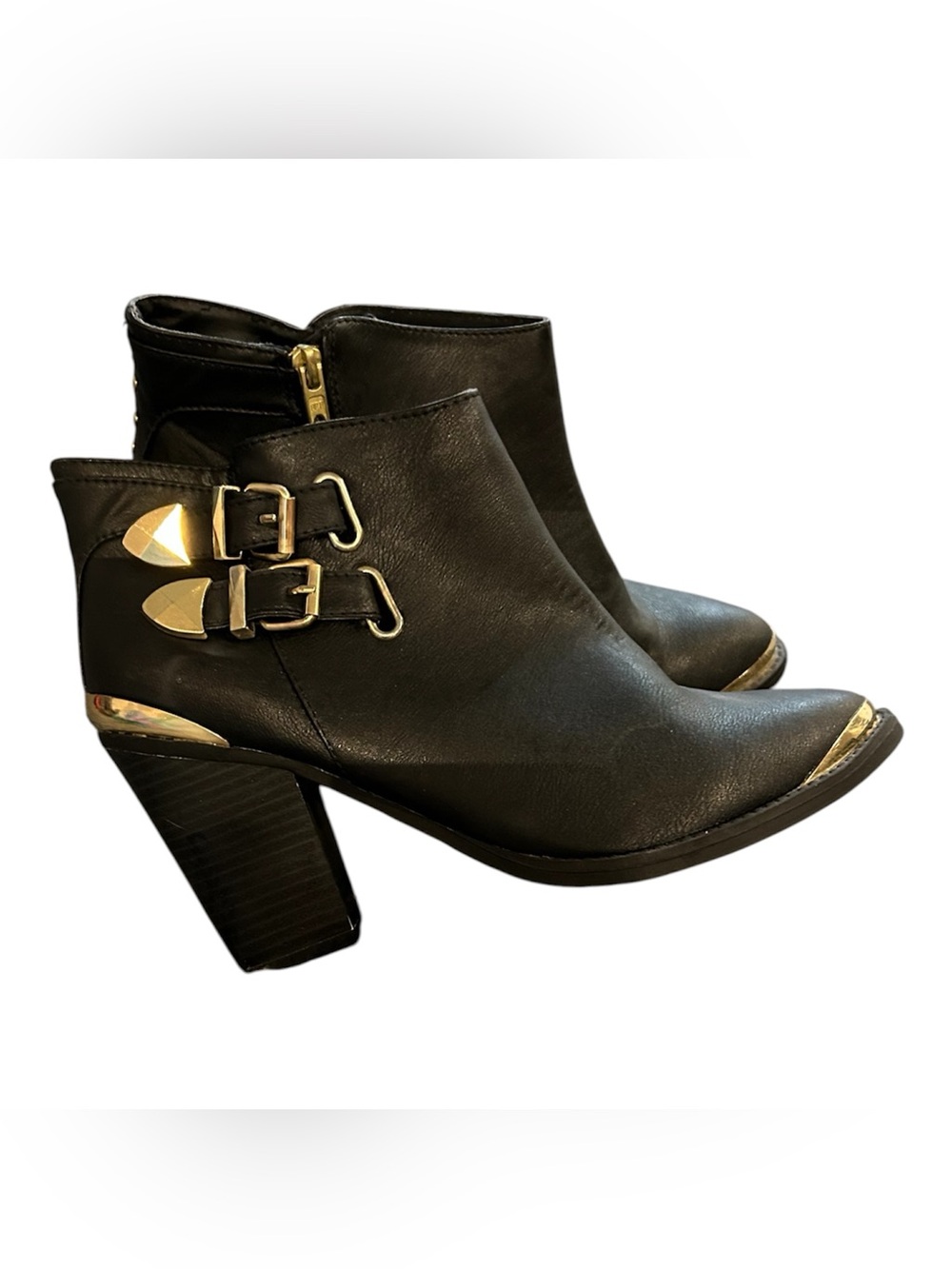 Black  Ankle Boots with Gold Buckle Detail - Women
